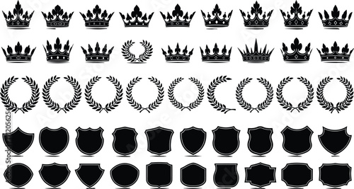 Large Vector Collection of Black Royal Crown Silhouettes Laurel Wreath Garlands and Heraldic Shield Icons Isolated on White Background for Premium Quality Award Design