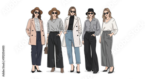 Fashion illustration of five women modeling stylish, contemporary street style outfits against a white background.