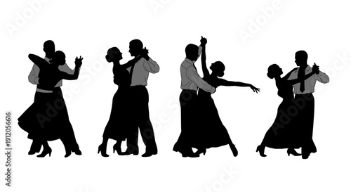 Silhouettes of couples dancing together in various dance styles.