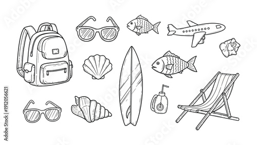 Beach Essentials: An assortment of vacation-themed sketches, including a backpack, sunglasses, fish, airplane, seashell, surfboard, suntan lotion, and a deck chair.