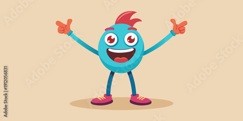 Cute blue round character waving happily with both arms raised, Friendly teal mascot celebrating and greeting with a big smile