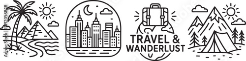 Travel Adventure Line Art Bundle – Beach, Cityscape, Wanderlust, Camping Icons.