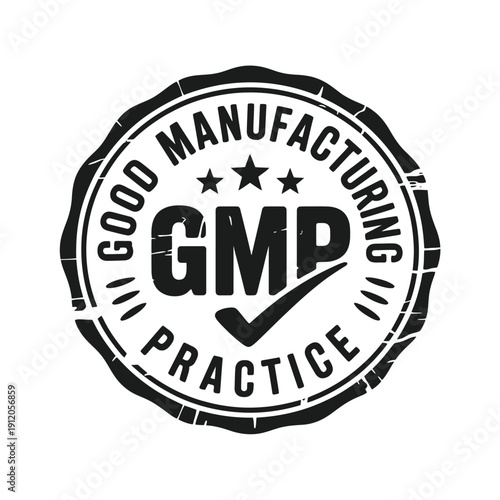 A circular black and white badge displaying GMP for good manufacturing practice