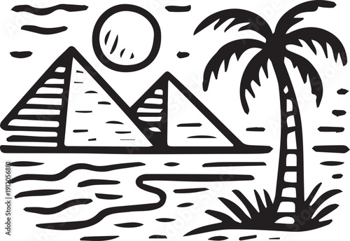 Stylized Egyptian Desert Landscape Illustration – Black and White Pyramid, Palm Tree, Sun, Oasis, Minimalist Line Art, Ancient Egypt Cultural Design for Stock Marketplaces