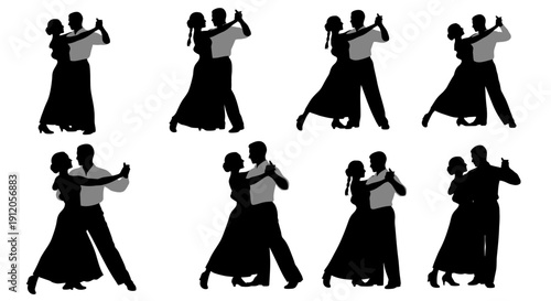 Silhouettes of couples dancing together in various poses.