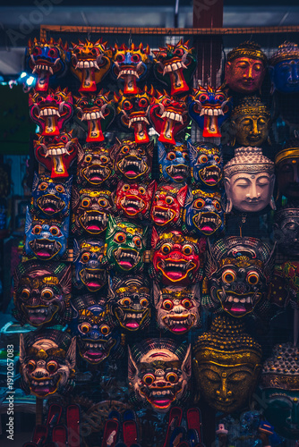 Photography Creative masks are sold at the Ubud Bali tourist market, usually for decoration