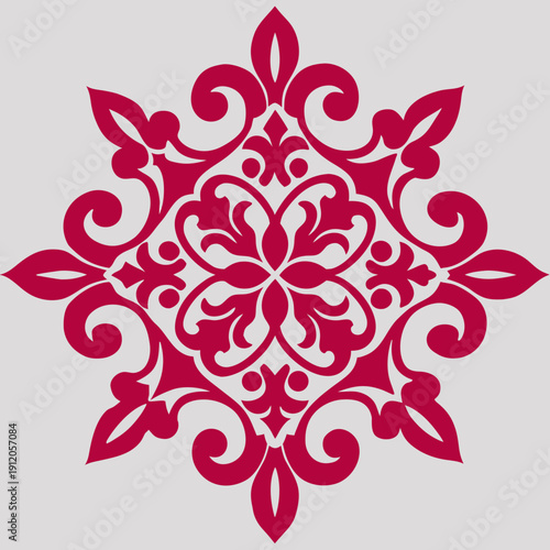Traditional Thai Floral Mandala Cross-Stitch Pattern, Hot Pink Symmetrical Embroidery Motif on White Background
