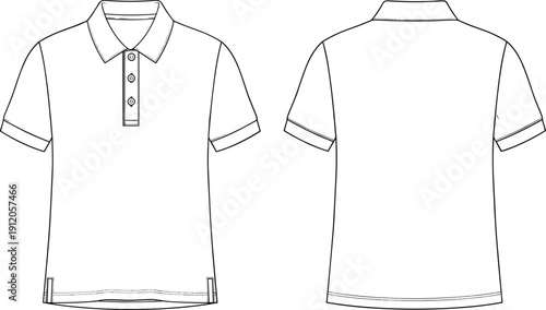 Men's polo shirt short sleeve technical fashion flat sketch vector illustration template front and back view with collar and button placket for apparel design
