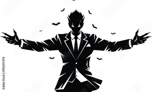 Menacing black silhouette of a vampire businessman with sharp claws and flying bats spreading his arms in a dark gothic comic book vector illustration.