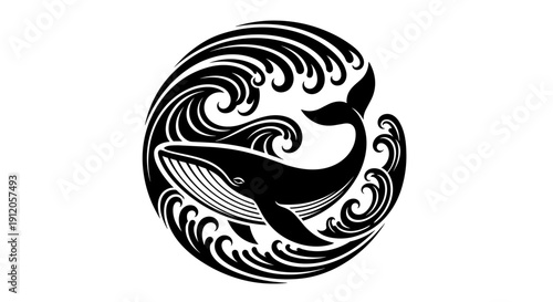 Circular whale orca logo design with waves