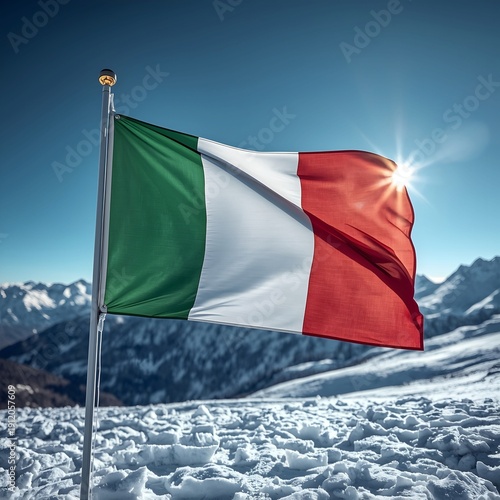 Italian Flag Waving on Snowy Alpine Mountain Landscape