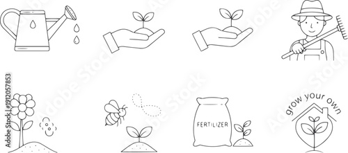 Gardening and agriculture line icon set. Vector pictograms of grow your own food concept, watering can, seedling in hand, sprout in soil, farmer, bee pollination, fertilizer. See Less