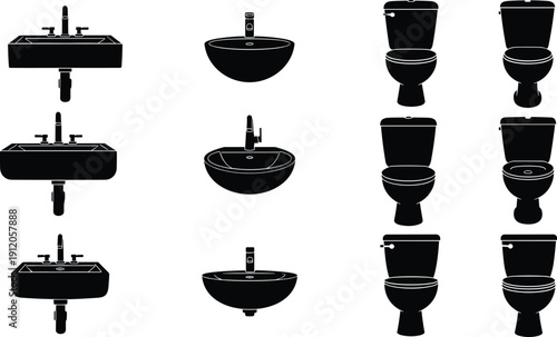 Modern Bathroom Fixture Silhouette Set Ceramic Toilet And Sink Vector Icons Sanitary Ware Collection Home Interior Renovation Plumbing Equipment Graphics Washbasin And Commode Desig