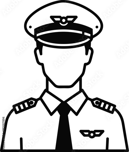 Minimalist black line art vector icon of an airline pilot captain in uniform isolated on white background for aviation staff and flight crew design.