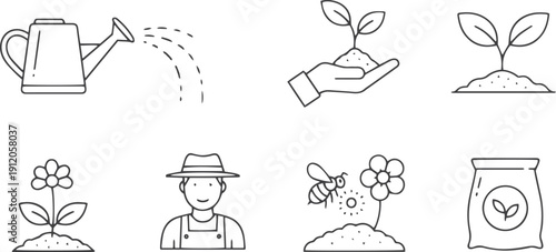 Gardening and agriculture line icon set. Vector pictograms of grow your own food concept, watering can, seedling in hand, sprout in soil, farmer, bee pollination, fertilizer
