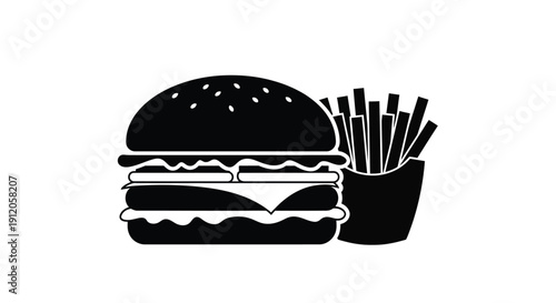 A simple black and white illustration of a burger with french fries