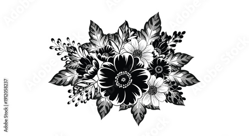 Elegant black and white floral arrangement with detailed botanical illustration