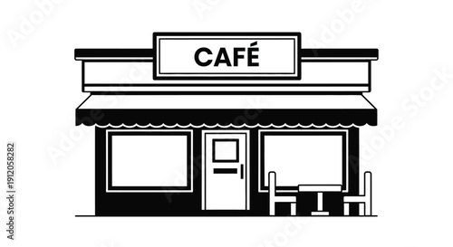 Simple black and white illustration of a caf storefront with signage