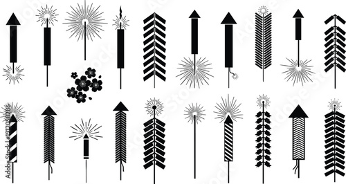 Black and white fireworks rocket illustration set, festive celebration design elements, holiday party decoration, pyrotechnic vector art collection, isolated icons