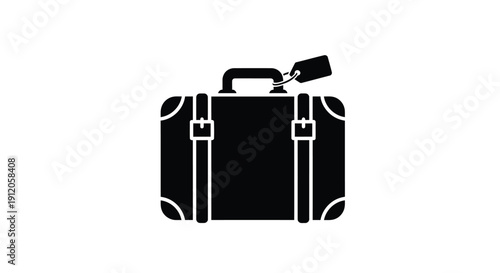 A simple black silhouette of a vintage suitcase with a tag