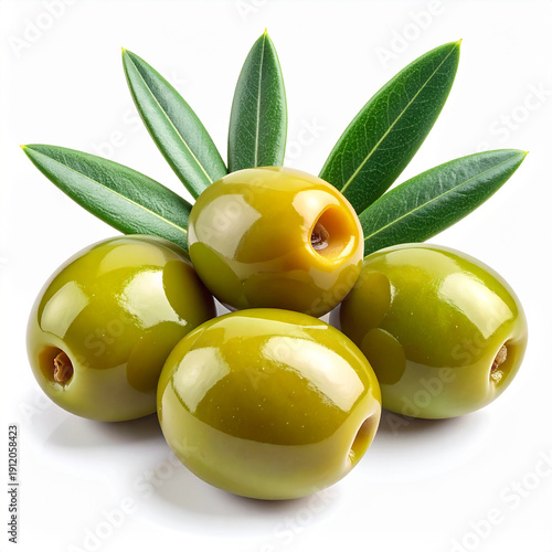 Fresh Green Olives with Dark Green Leaves
