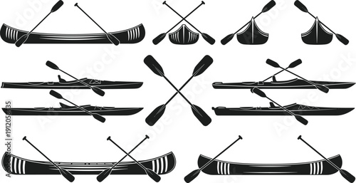 Black and white vector illustration of canoes, kayaks, paddles, watercraft collection, boating equipment, outdoor adventure, river sports, minimalist design