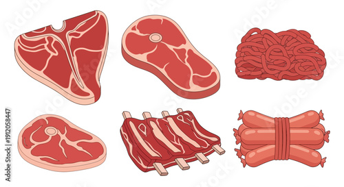 Various cuts of red meat including steak ribs and ground beef