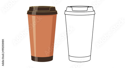 Two disposable coffee cups one colored and one line drawing