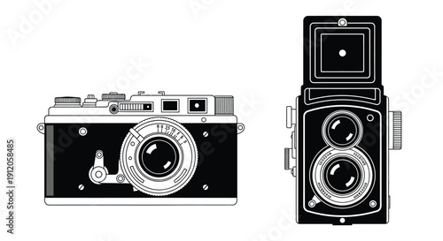 Vintage cameras in a black and white line art illustration