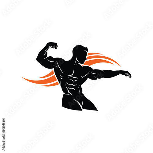 Muscular bodybuilder flexing muscles with dynamic orange accents
