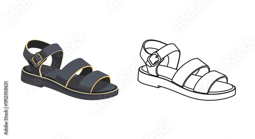 Two views of a black and white sandal showcasing design and detail