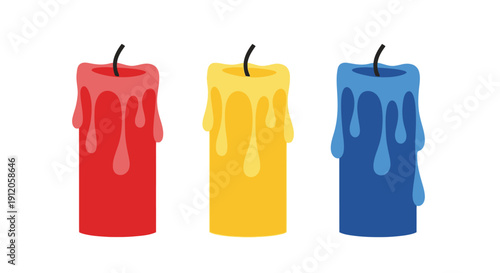 Three dripping candles in red yellow and blue colors are displayed