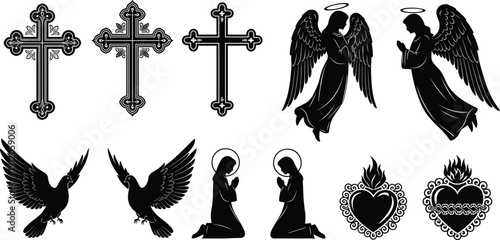 Black silhouette religious icons set, cross angel dove sacred heart vector illustration, spiritual faith design elements, Christian worship decoration symbols