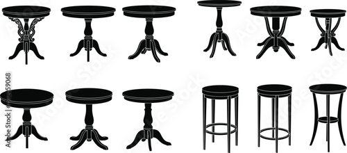 Black silhouette round table collection, furniture design icons set, modern and traditional vector illustration, interior decor elements, home furnishing pattern