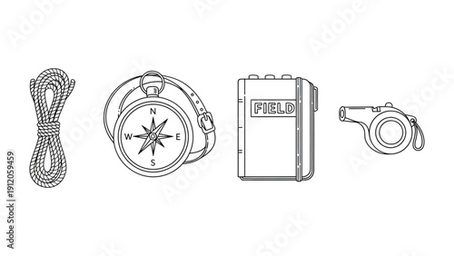 Navigational Gear Collection: A minimalist illustration of essential outdoor navigation tools, including a compass, rope, notebook and whistle.
