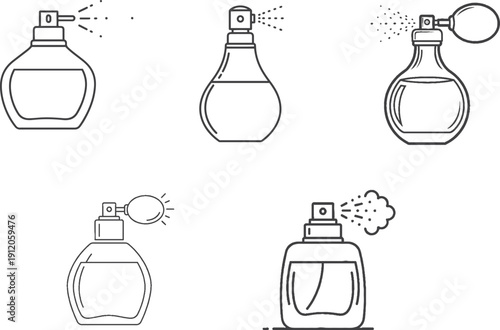 Perfume bottle line icon with atomizer spray. Vector outline symbol for cosmetics, beauty, and fragrance. Elegant flacon pictogram for scent and aromatherapy. Isolated art