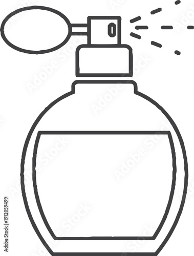 Perfume bottle line icon with atomizer spray. Vector outline symbol for cosmetics, beauty, and fragrance. Elegant flacon pictogram for scent and aromatherapy. Isolated art