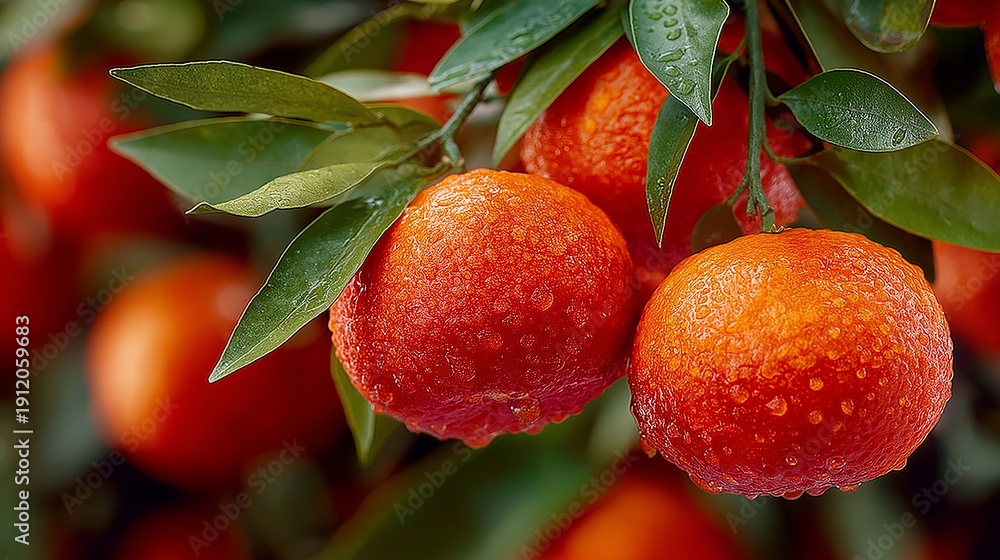 Obraz premium In a sunlit orchard, delicate tangerines hang from lush green leaves, their vibrant orange skin shining with beads of morning dew, creating a refreshing scene