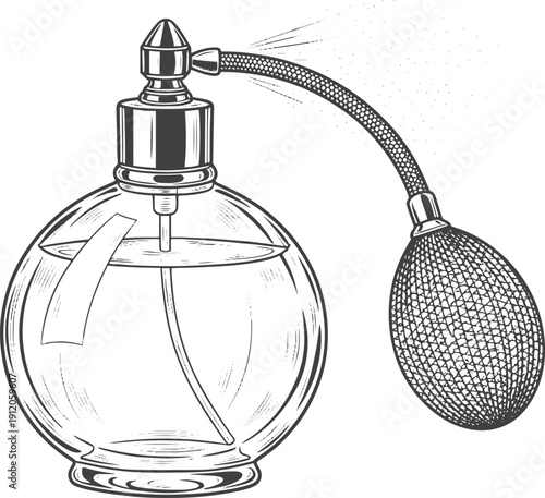 Perfume icon vintage bottle with atomizer spray. Vector line art. Fragrance symbol. Scent and aroma concept. Beauty cosmetic. Glamour retro illustration. Isolated design