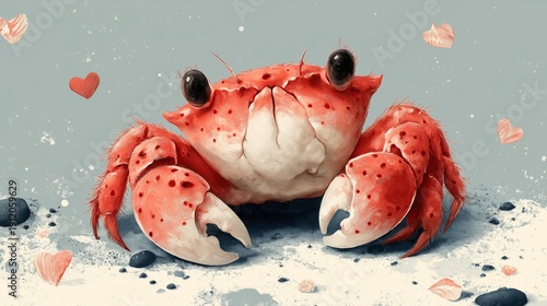 A cheerful red crab sits on soft sand, its claws raised in a playful pose. Hearts float around it, adding a whimsical atmosphere to the serene beach scene at sunset