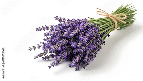 A tightly bound bouquet of fresh purple lavender flowers tied with a rustic twine bow on a clean white background