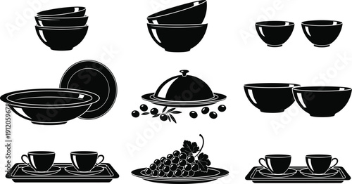 Dining and kitchenware silhouette collection with bowls, plates, cups, serving dishes, food elements vector for cooking, restaurant, and design