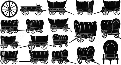 Covered wagon silhouette collection with historical designs, vintage transport, wooden wheels, pioneer carts, American West vector for history illustration