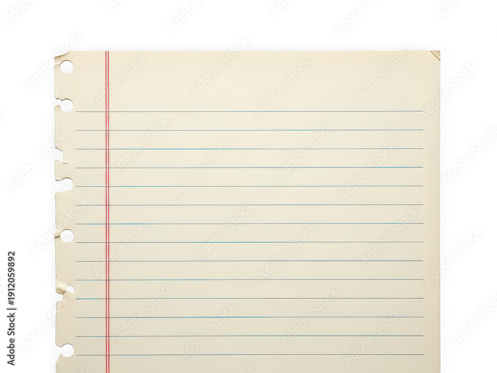 Obraz premium Blank ruled notebook paper with red margin line isolated on a transparent background