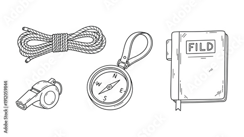 Adventure Essentials: A collection of essential tools for the intrepid explorer, including a sturdy rope, a reliable compass, a whistle, and a field notebook.