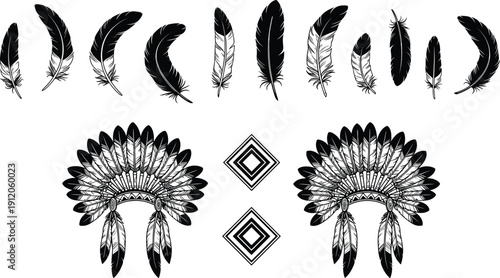 Feather and Native American headdress silhouette collection with tribal designs, cultural symbols, geometric art vector for tradition and decoration