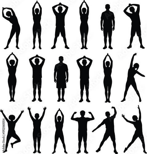 Black silhouette set of people performing stretching exercises, warm up workout poses, fitness and flexibility training concept, active lifestyle isolated on white background