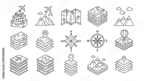 Travel Icons: A collection of meticulously designed travel icons, capturing the essence of exploration and adventure, ready to enhance any project with a touch of wanderlust and visual appeal.