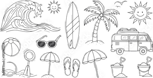 Surfing elements icon collection. Hand drawn doodle line art. Vector set with ocean wave, surfboard, palm tree, sun, camper van. Summer beach holiday