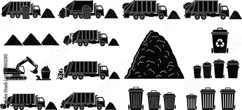 Garbage truck silhouettes, waste collection vector, recycling bins, excavator loading trash, landfill pile, sanitation service icons, environmental cleanup, black design illustration
